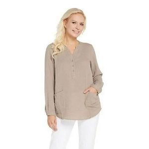 Joann Rivers Crinkle Texture V Neck Tunic Taupe Large